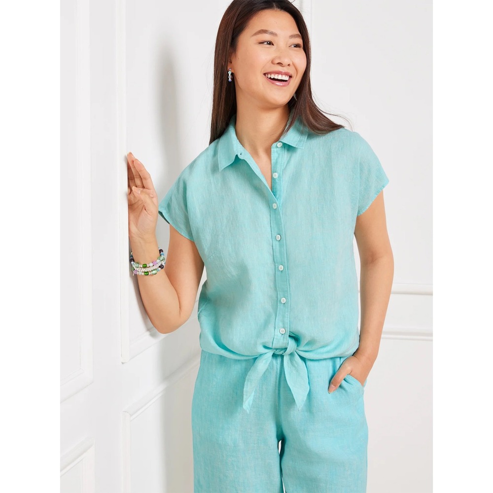 Talbots‎ Women Linen Button Down Shirt 1X Blue Tie Front Cap Sleeve Top Coastal